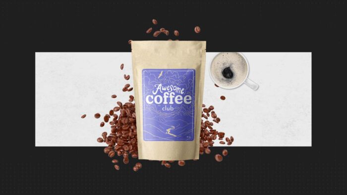  ‘Awesome Coffee Club’ Coffee Packaging Overlaying Coffee Beans And A Mug Of Coffee.