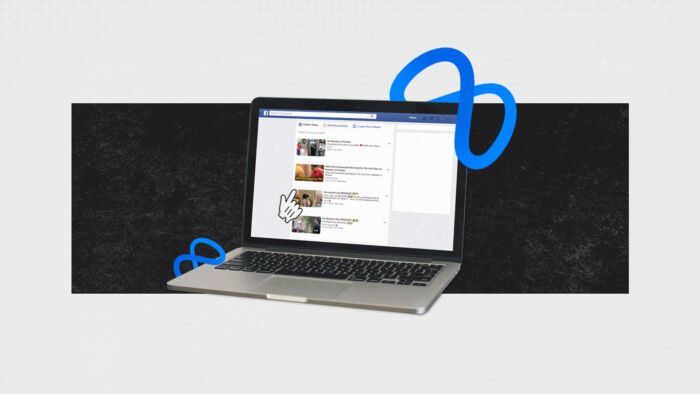 Laptop Displaying Facebook On The Screen With Meta Logos Surrounding.