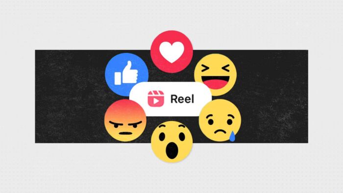 Facebook Reaction Icons (Heart, Like, Laugh, Cry, Angry, Shocked) Surrounding The Reel Icon