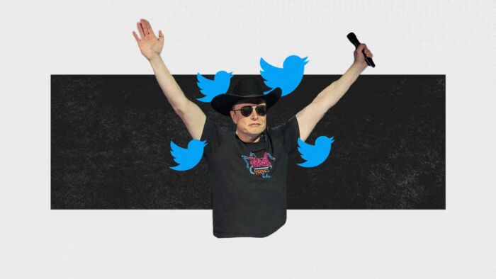 Elon Musk Celebrating With His Arms Up Surrounded By Twitter Logos