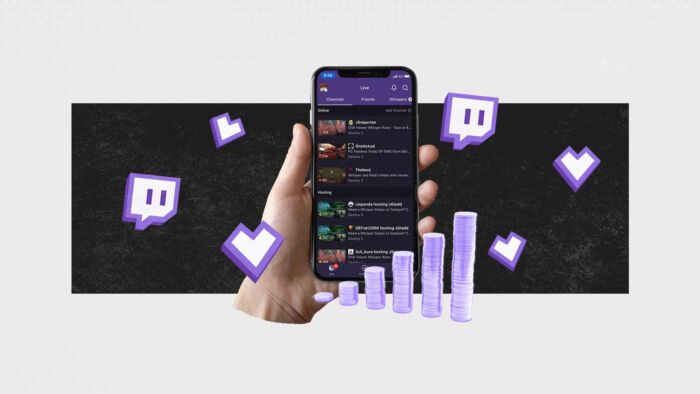 Twitch Displayed On A Mobile Phone Screen Surrounded By Twitch Logos And Money Images. 