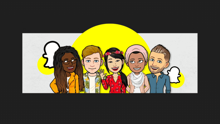 Example Of Snapchat Digital Avatars - 5 Avatar People In Front Of A Yellow Snapchat Background.