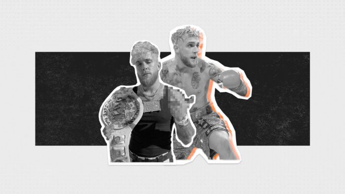 Jake Paul In Black And White. One Image Of Him Boxing, Overlayed By Another Of Him Holding A Boxing Belt.