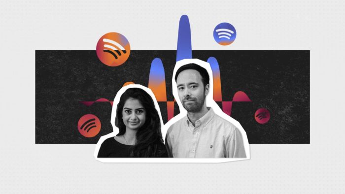 Sonantic'S Co-Founders Zeena Qureshi And John Flynn With A Sonatic And Spotify Logo Background