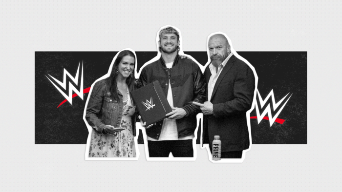 Logan Paul’s Holding His New Wwe Contract On A Wwe Logo Themed Background