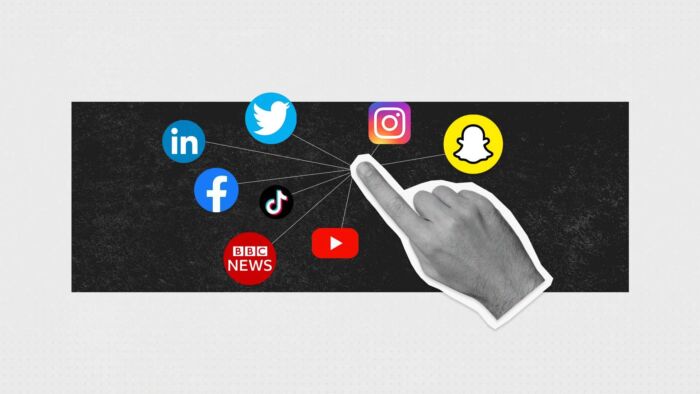 Social Media Logos Connected To A Hand With Finger Outpointed