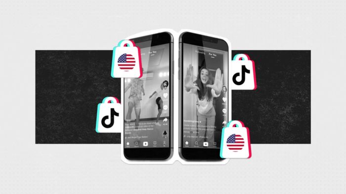 Phone Screens Diplaying Tiktok Videos Utilizing The Social Commerce Feature.