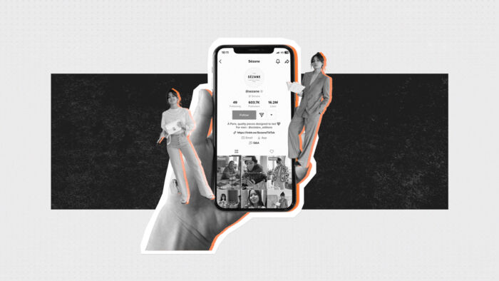Phone In Hand Showing Sezane Tiktok Account With Influencers Cutouts Pulled Out As Graphics