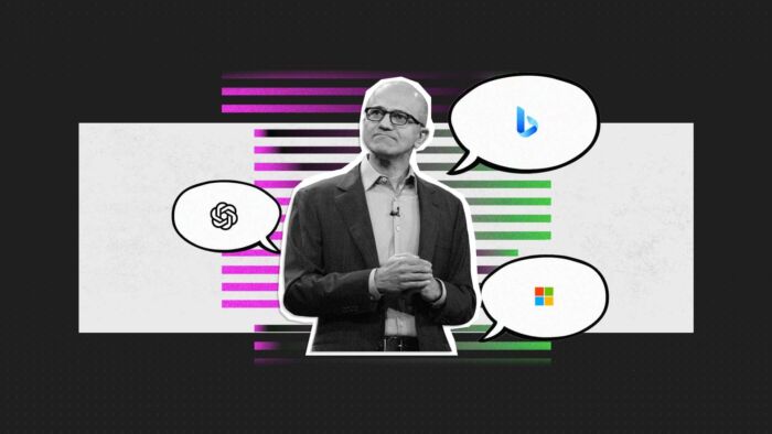 Microsoft Founder Looking Thoughtful Surrounded By Chatgpt, Bing And Microsoft Logos. 