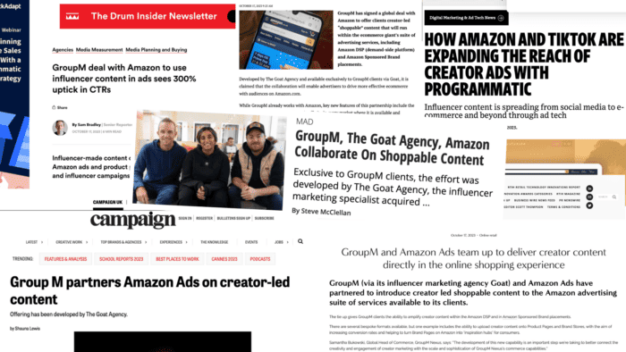 Image Showing Press Headlines Of The Goat Agency Partnership With Amazon Influencer Marketing 
