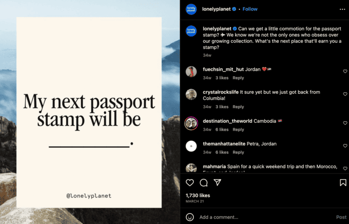 Lonely Planet Instagram Post - Image Says 'My Next Passport Stamp Will Be...' And The Caption Asks Users To Comment The Next Place They Will Add A Stamp