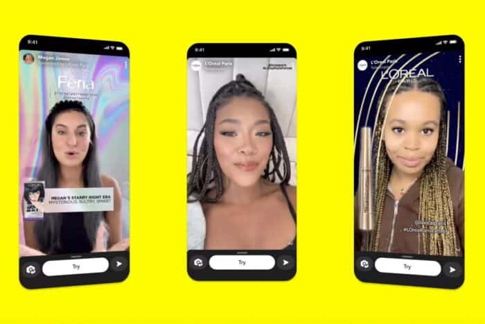 Three Phones On A Yellow Background Each Displaying A Female Influencer Using Snap Star Studio
